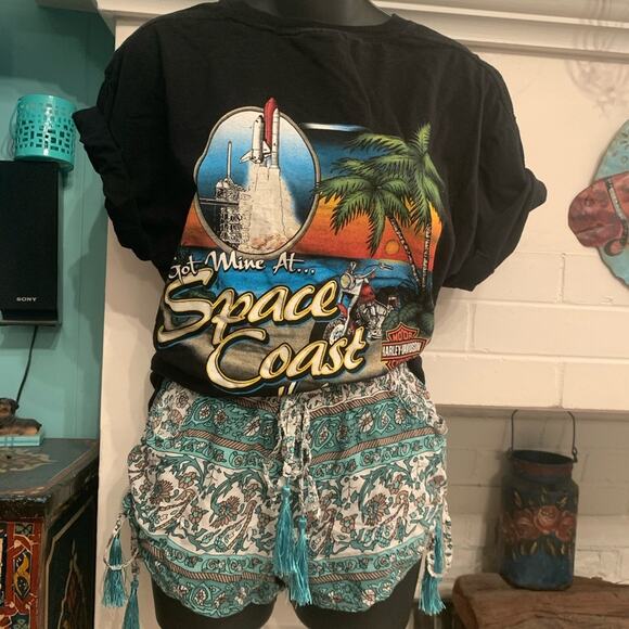 OOBERSWANK TURQUOISE RAYON BOHO PRINT SHORTS FRINGE TASSELS S NWOT - Picture 8 of 8